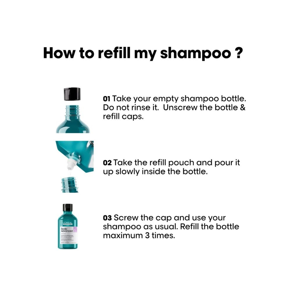 How to refill L'Oréal Professionnel Scalp Advanced Anti-Discomfort Shampoo — pour pouch into existing pump bottle