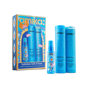 Amika Hair 'Hydration Hall of Fame' gift set featuring a decorative illustrated box and three blue haircare bottles and a spray bottle on a white background.