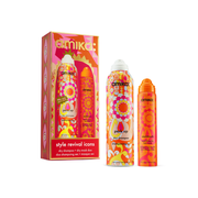 Amika Style Revival Icons set featuring a dry shampoo, a dry mask duo, and a mask sec in vibrant orange, pink, and yellow retro patterns, shown with their retail packaging box on a white background.