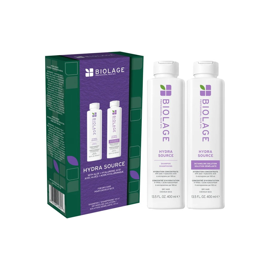 Biolage Hydrasource Holiday Set with hydrating shampoo and detangling solution in purple gift box