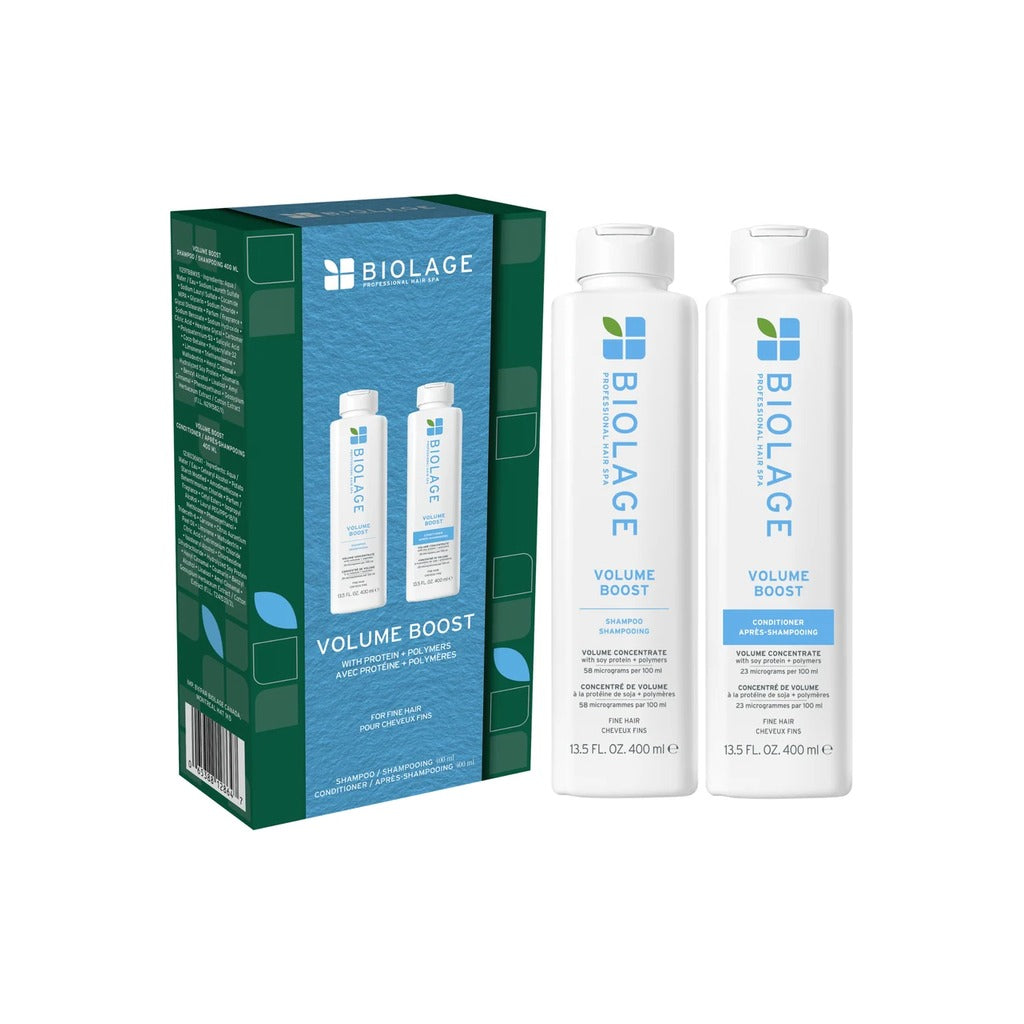 Biolage Volume Boost Holiday Set with volumizing shampoo and conditioner in blue gift box