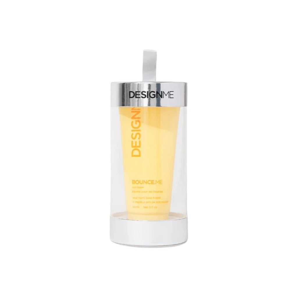 DESIGNME Bounce.Me Curl Balm travel size in a clear hanging holiday ornament tube