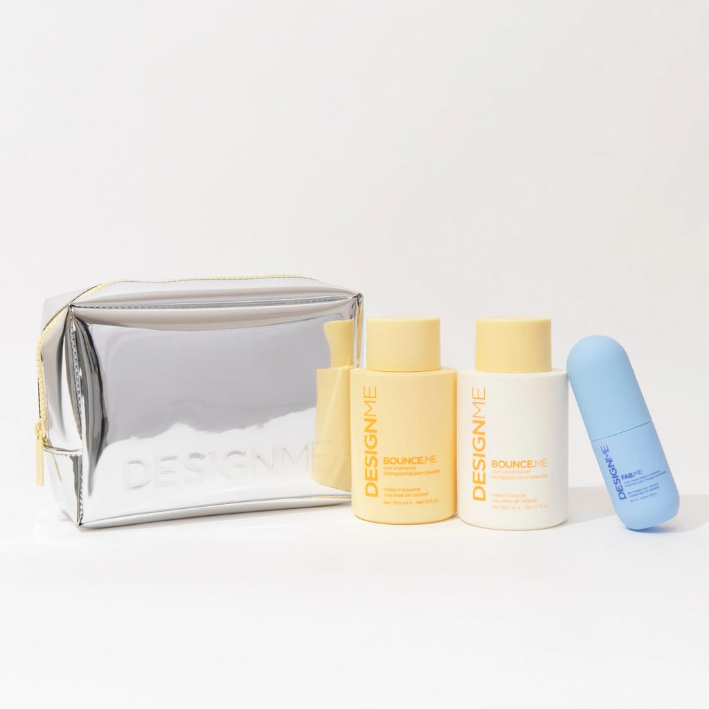 DESIGNME Bounce.Me Holiday Set with curl shampoo, conditioner and Fab.Me leave-in beside silver cosmetic bag