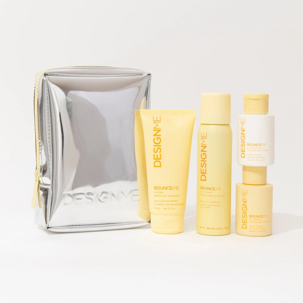 DESIGNME Bounce.Me Mini Holiday Set with travel-size curl shampoo, conditioner, balm and mousse with silver bag