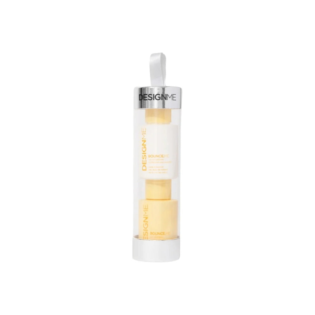 DESIGNME Bounce.Me travel curl shampoo and conditioner in a clear hanging holiday ornament tube