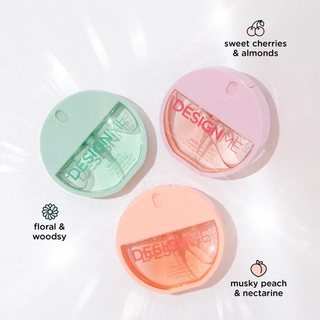 DESIGNME Hold.Me, Puff.Me and Gloss.Me fragrance mists with peach, cherry almond and floral woody scent notes