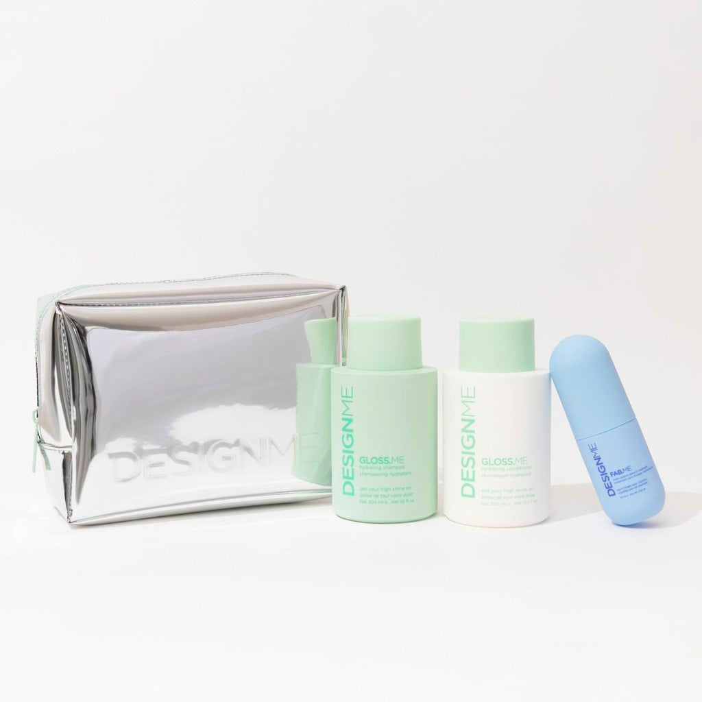 DESIGNME Gloss.Me Holiday Set with hydrating shampoo, conditioner and Fab.Me leave-in beside silver cosmetic bag