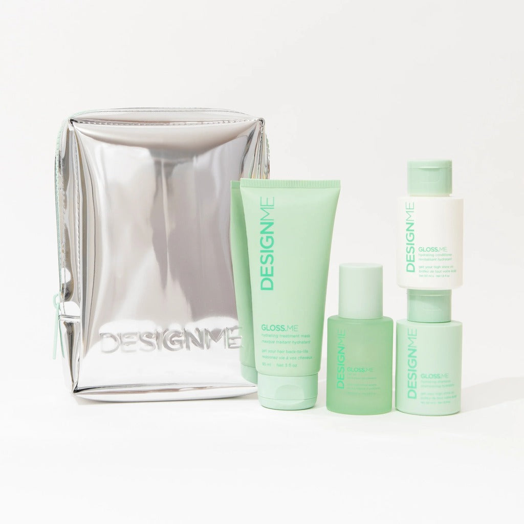 DESIGNME Gloss.Me Mini Holiday Set with travel-size shampoo, conditioner, treatment mask and hair oil with silver bag