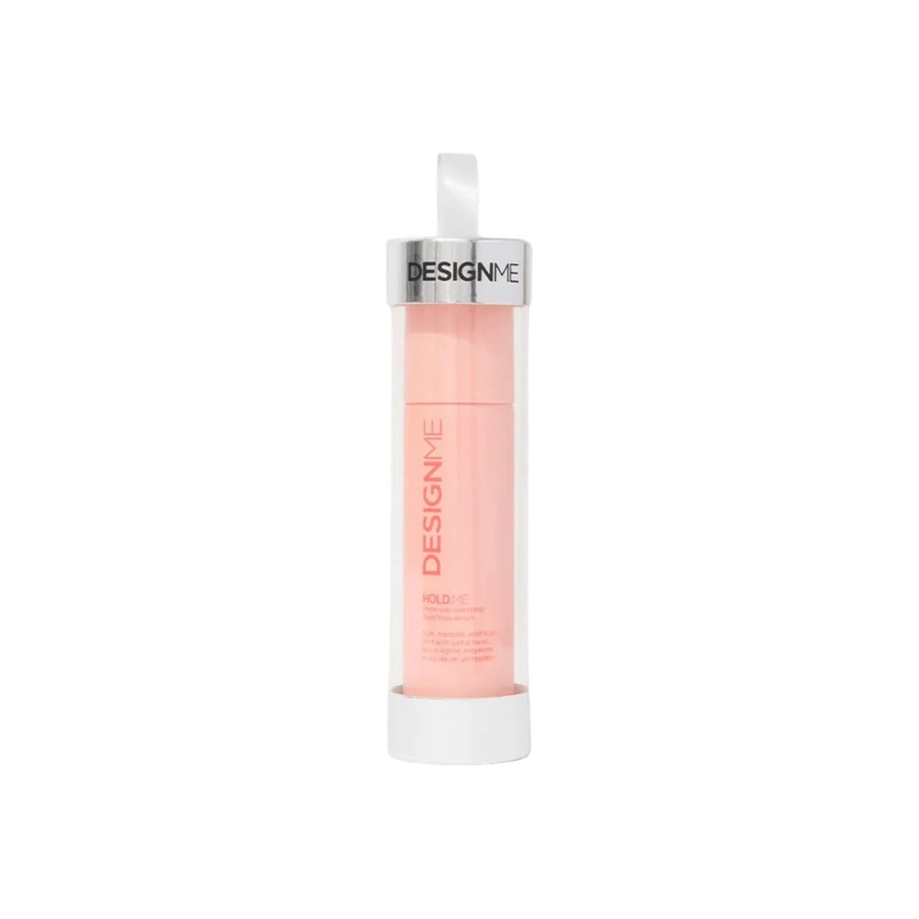 DESIGNME Hold.Me Three-Way Hairspray travel size in a clear hanging holiday ornament tube