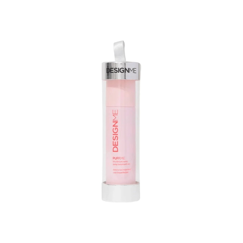 DESIGNME Puff.Me Dry Texture Spray travel size in a clear hanging holiday ornament tube