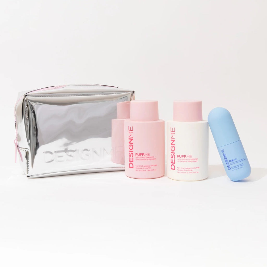 DESIGNME Puff.Me Holiday Set with volumizing shampoo, conditioner and Fab.Me leave-in beside silver cosmetic bag