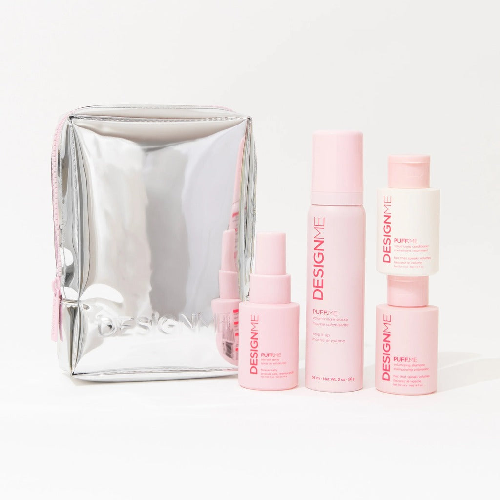 DESIGNME Puff.Me Mini Holiday Set with travel-size shampoo, conditioner, mousse and sea salt spray with silver bag