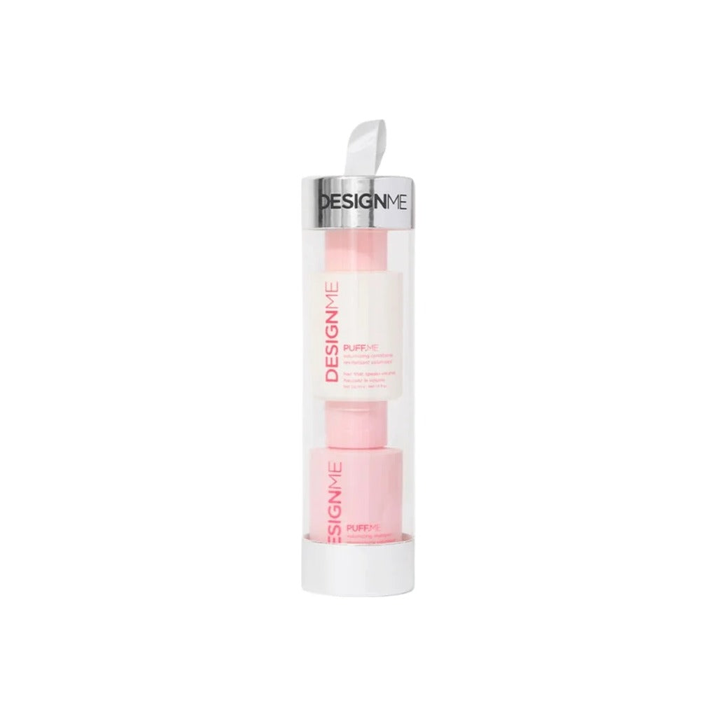 DESIGNME Puff.Me travel shampoo and conditioner in a clear hanging holiday ornament tube
