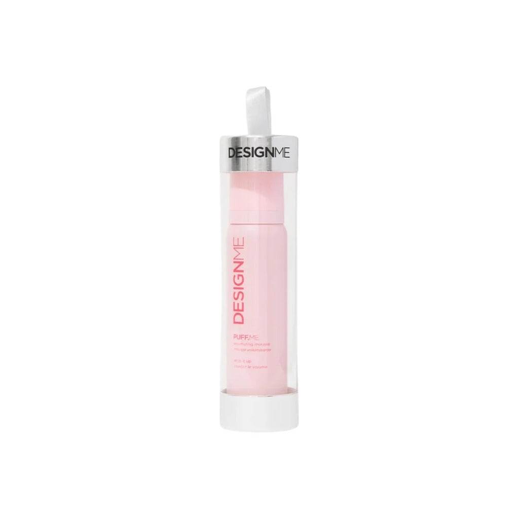 DESIGNME Puff.Me Volumizing Mousse travel size in a clear hanging holiday ornament tube
