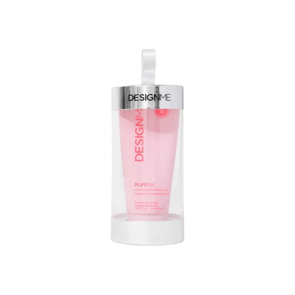 DESIGNME Puff.Me Volumizing Treatment Whip travel size in a clear hanging holiday ornament tube