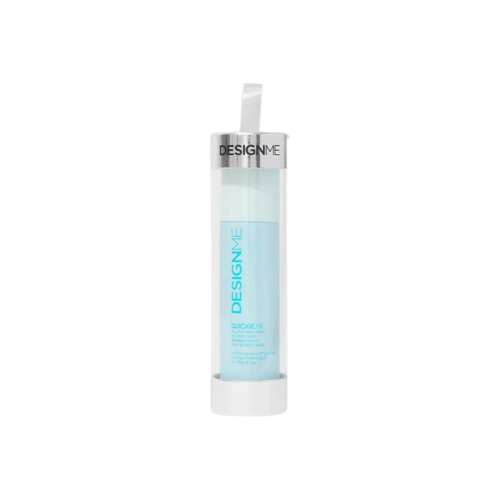 DESIGNME Quickie.Me Dry Shampoo for dark tones, travel size, in a clear hanging holiday ornament tube