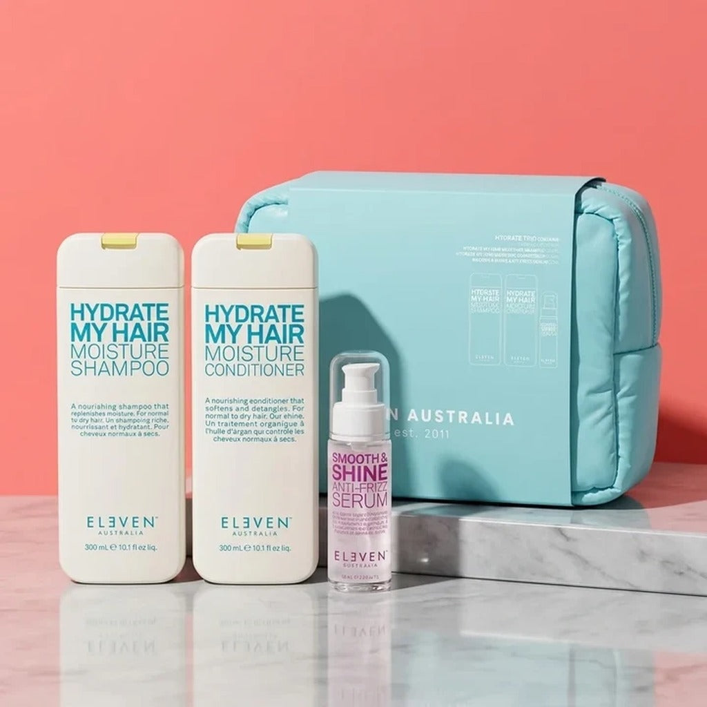 Eleven Australia Hydrate My Hair Holiday Set with moisture shampoo, conditioner, anti-frizz serum and teal Cloud Bag