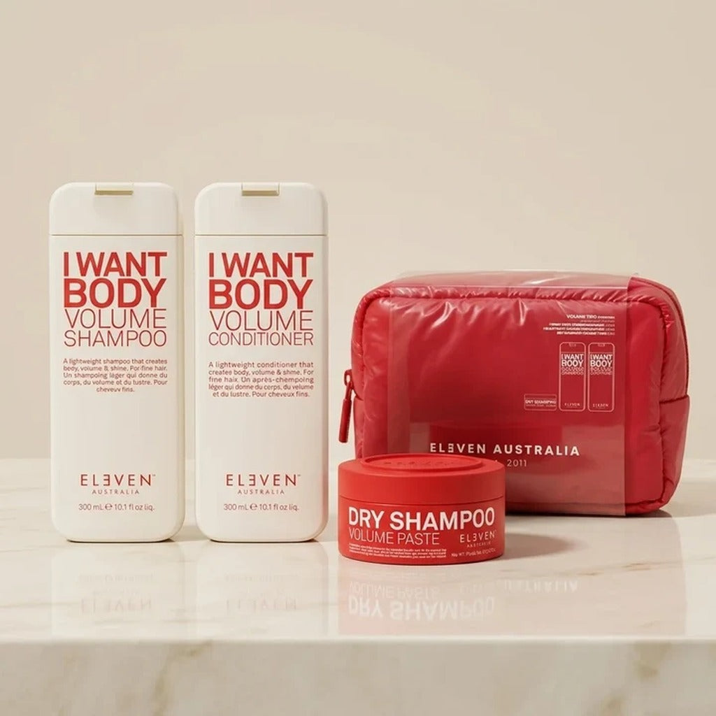 Eleven Australia I Want Body Holiday Set with volume shampoo, conditioner, dry shampoo paste and red Cloud Bag