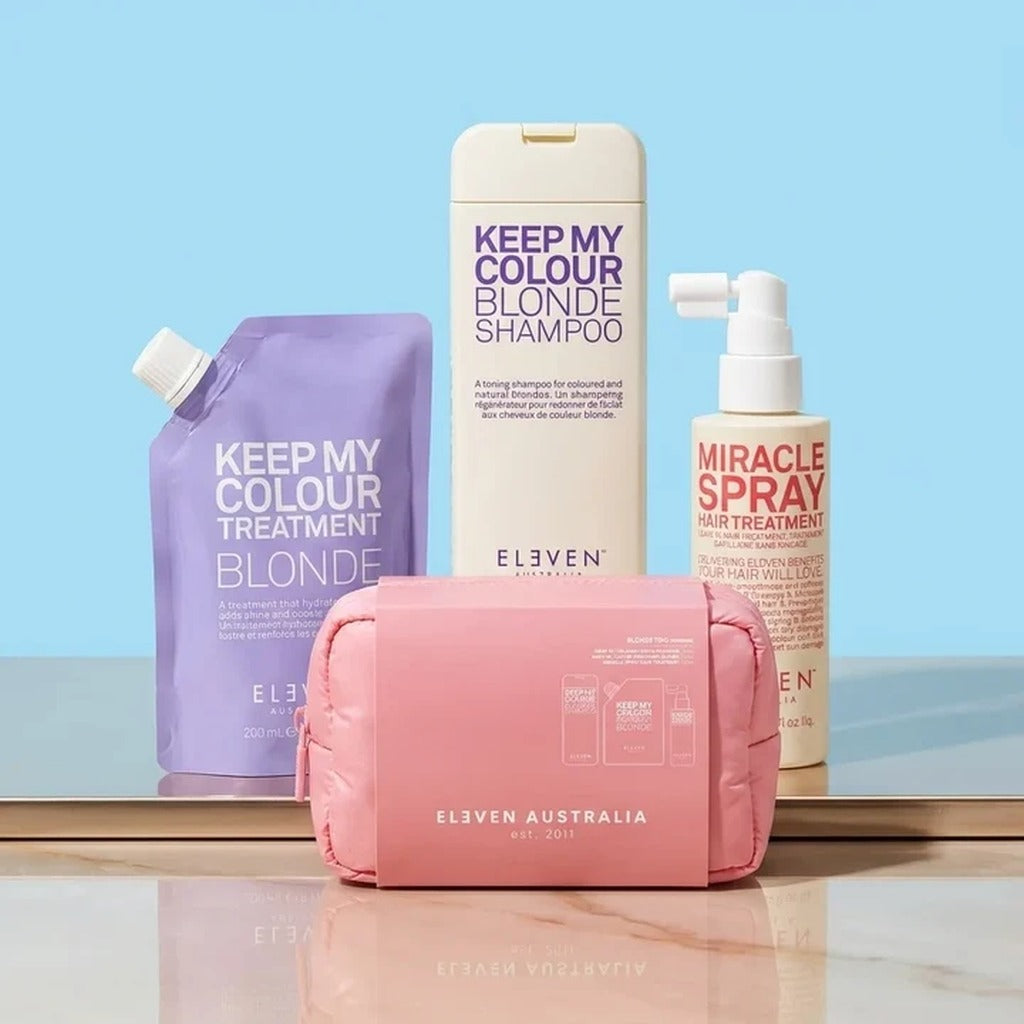 Eleven Australia Keep My Colour Blonde Holiday Set with blonde shampoo, treatment, Miracle Spray and pink Cloud Bag