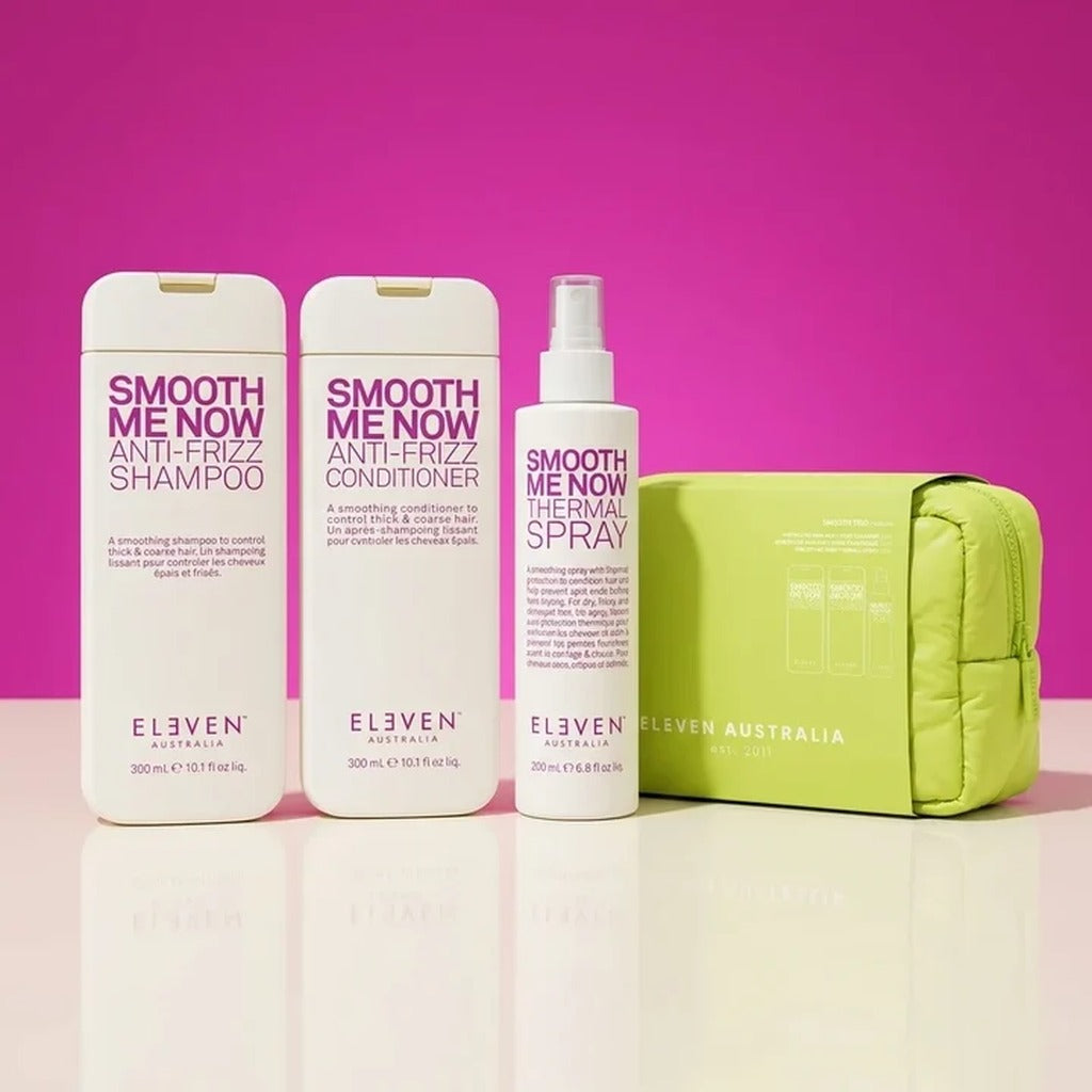 Eleven Australia Smooth Me Now Holiday Set with anti-frizz shampoo, conditioner, thermal spray and green Cloud Bag