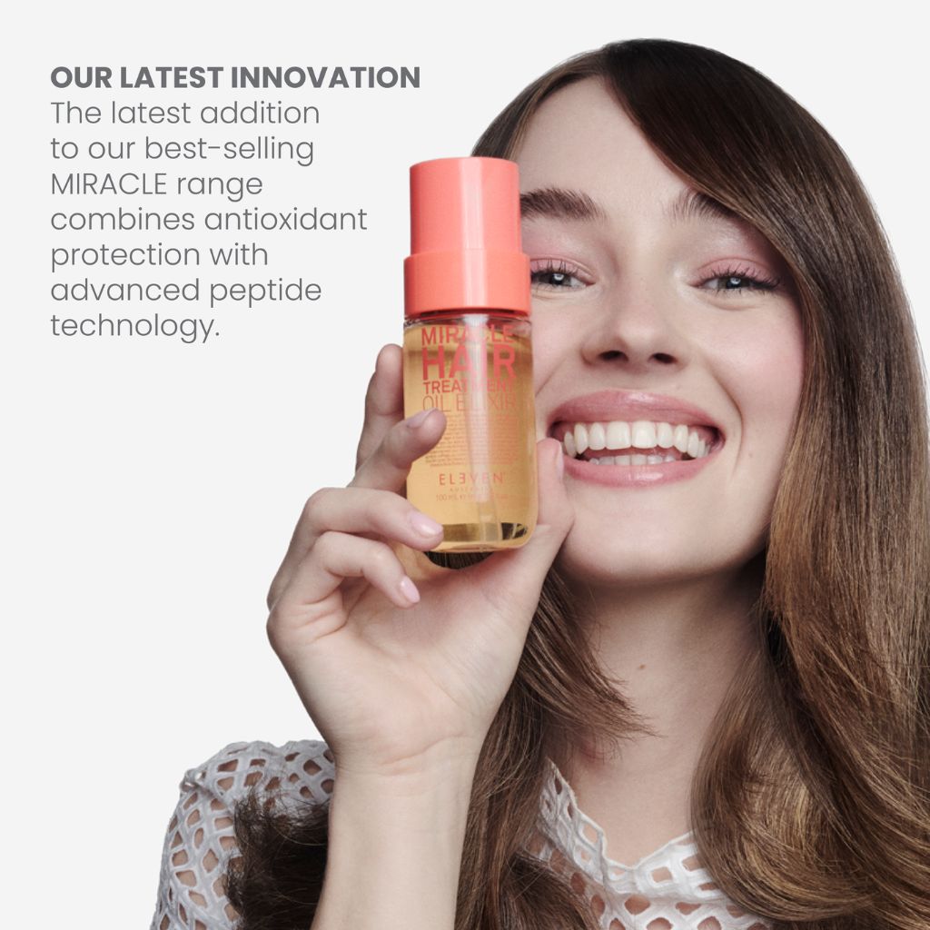 ELEVEN Australia Miracle Hair Treatment Oil Elixir label showing Peptides, Marula Oil and Argan Oil formula