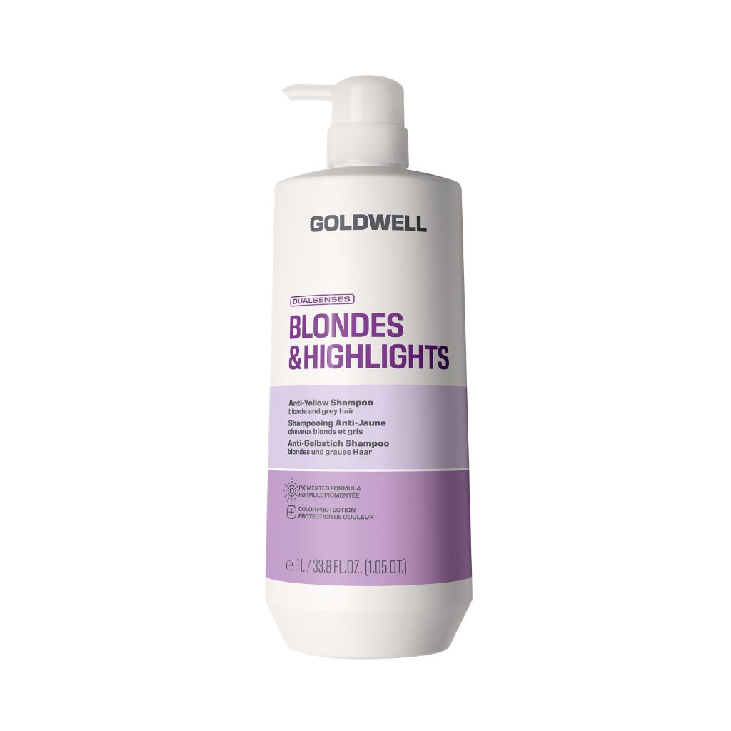Goldwell Blondes & Highlights Anti-Dandruff Shampoo in a 16 oz white pump bottle with purple and black text, set against a plain white background.