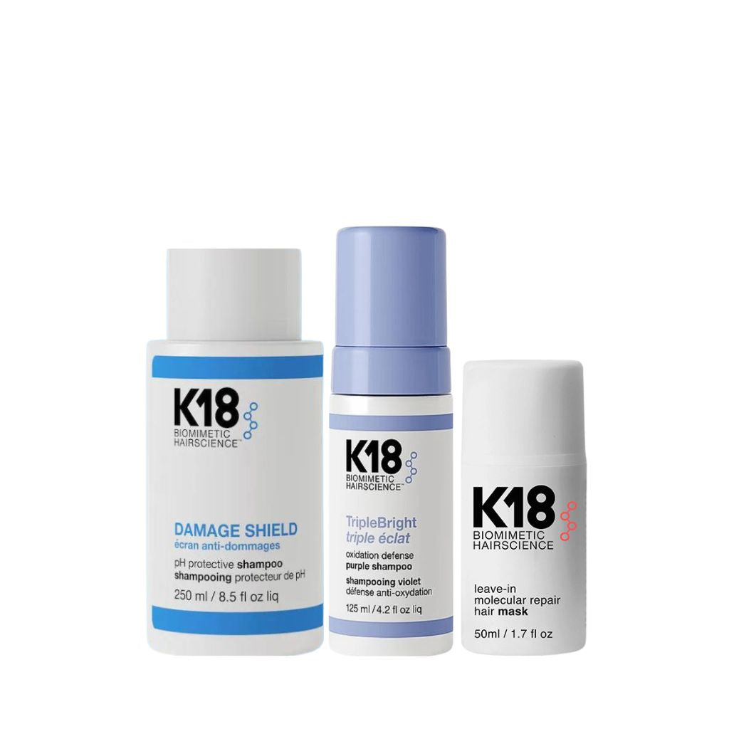 K18 Blonde Maintenance Bundle — Damage Shield Shampoo, TripleBright Purple Shampoo, and Molecular Repair Mask on white background