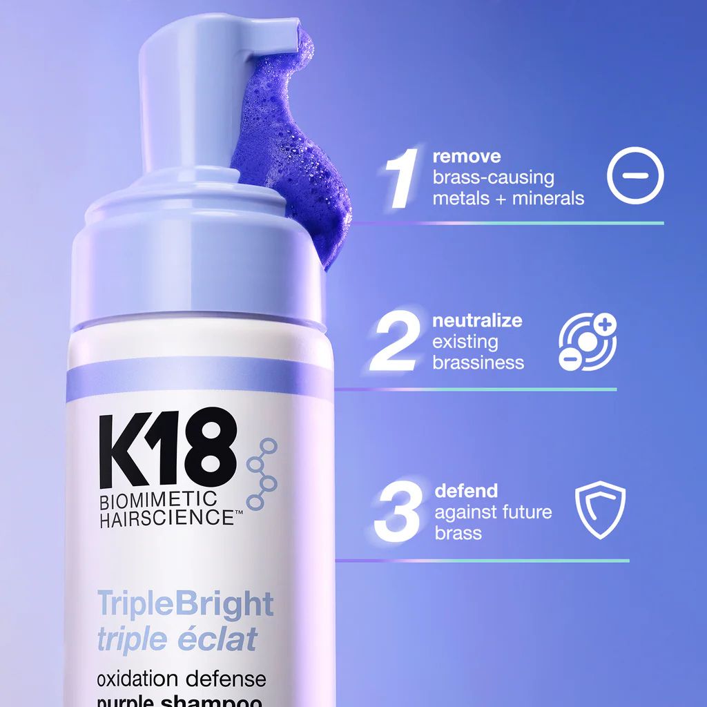 K18 blonde hair routine: Damage Shield Shampoo, TripleBright toning, and Molecular Repair Mask in 4 minutes