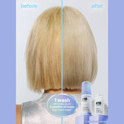 Before and after of blonde hair with brassiness corrected by K18 TripleBright purple shampoo