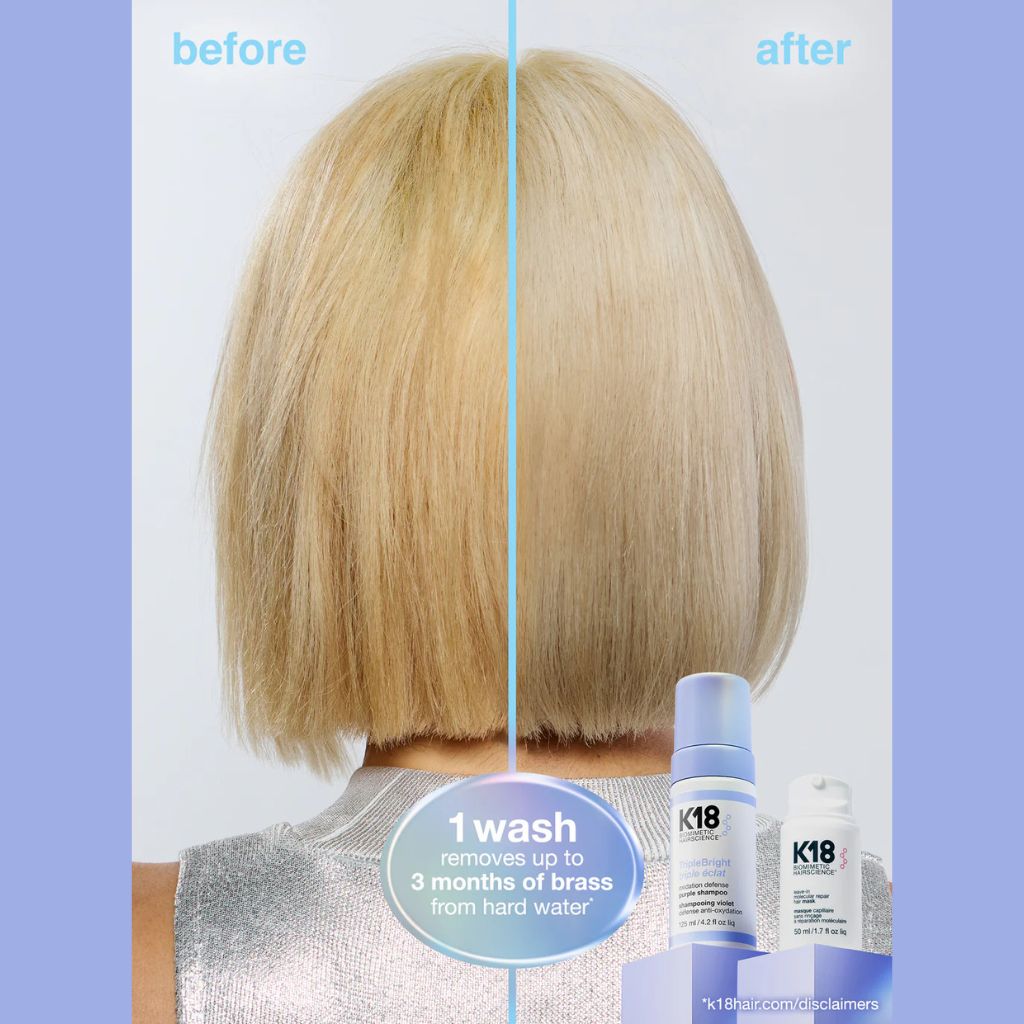 Before and after of blonde hair with brassiness corrected by K18 TripleBright purple shampoo
