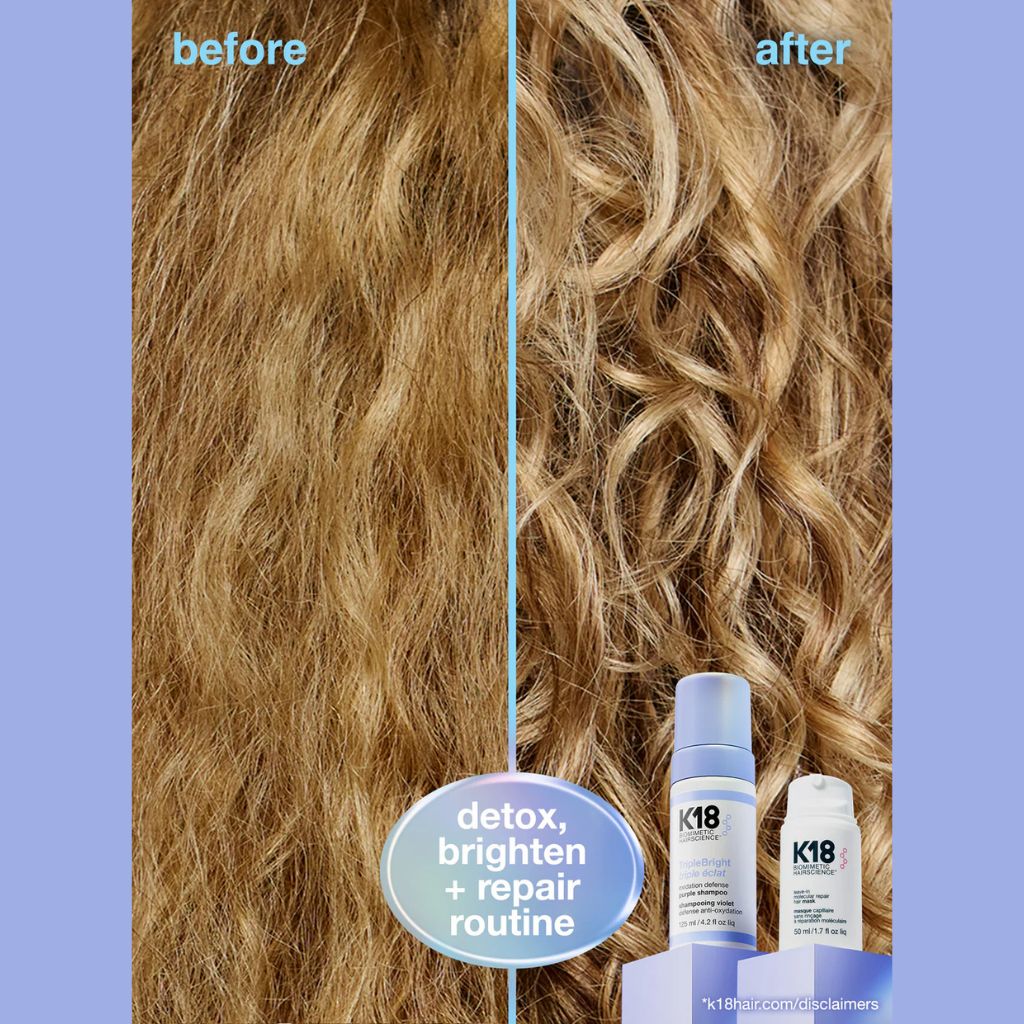 Second before and after showing brighter, more even blonde tone after using K18 TripleBright