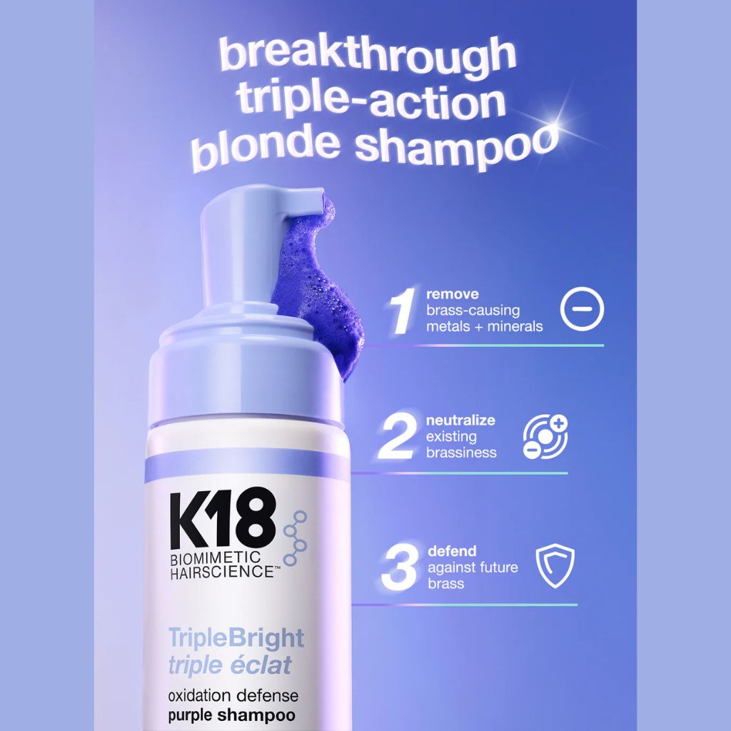 K18 TripleBright foam shampoo dispensing from pump bottle showing lightweight foam texture
