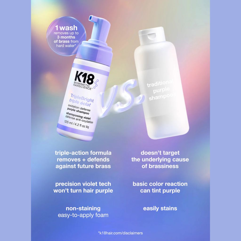 K18 TripleBright vs traditional purple shampoos comparison — triple-action vs basic colour correction
