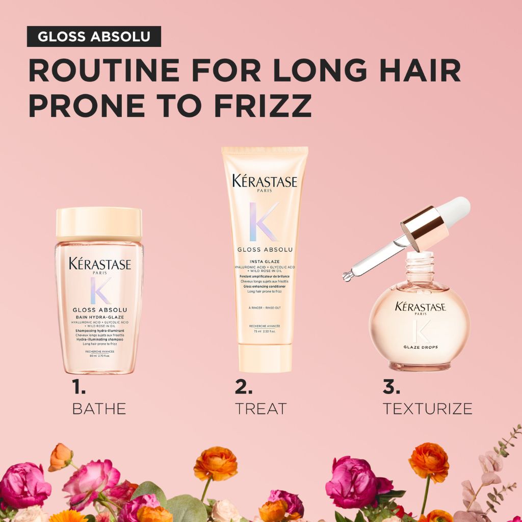 Kérastase Gloss Absolu 3-step haircare routine for long frizz-prone hair showing Bain Hydra-Glaze shampoo, Insta Glaze conditioner and Glaze Drops hair oil labelled Bathe, Treat and Texturize