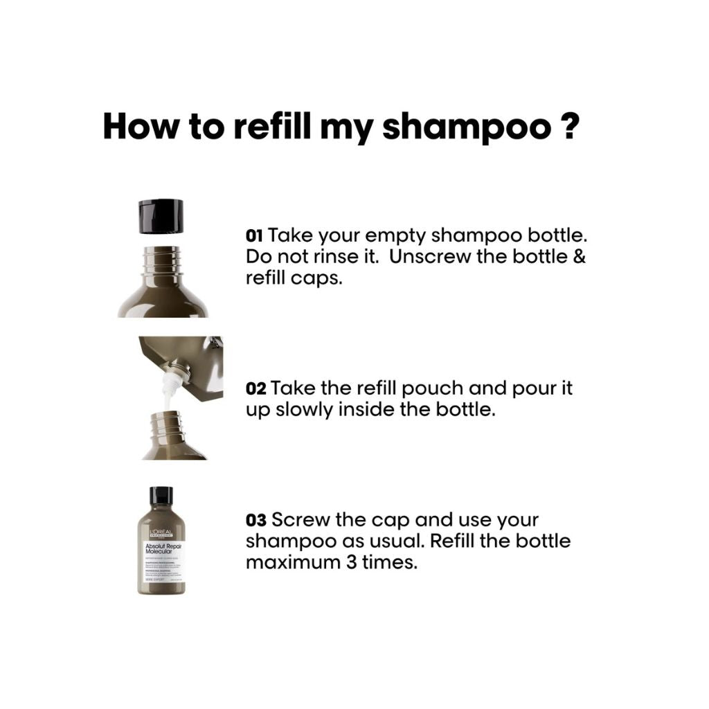 How to refill L'Oréal Absolut Repair Molecular Shampoo — pour 500ml pouch into existing pump bottle