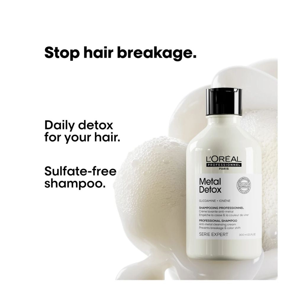L'Oréal Professionnel Metal Detox Shampoo Refill label showing patented Glicoamine anti-metal formula