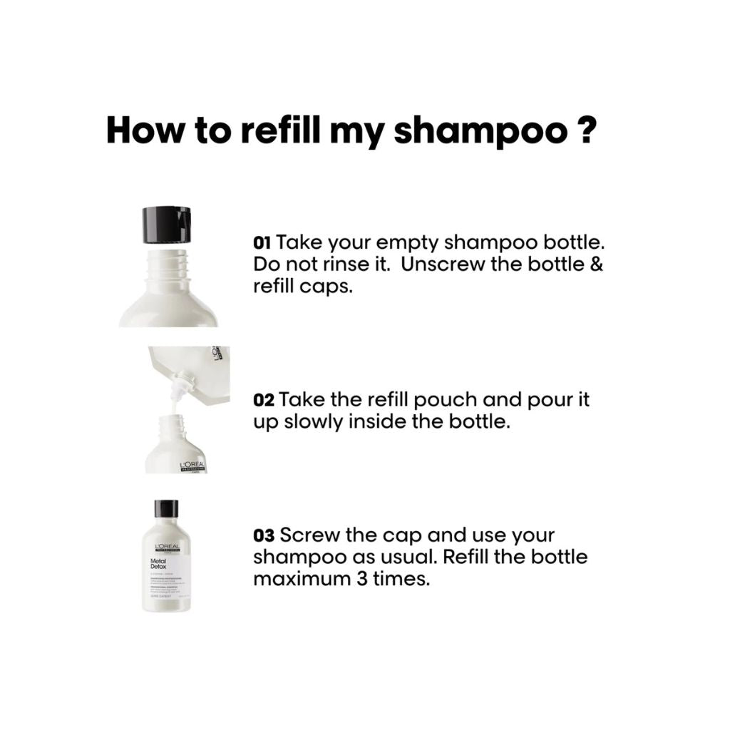 How to refill L'Oréal Metal Detox Shampoo — pour 500ml pouch into existing 300ml or 500ml pump bottle