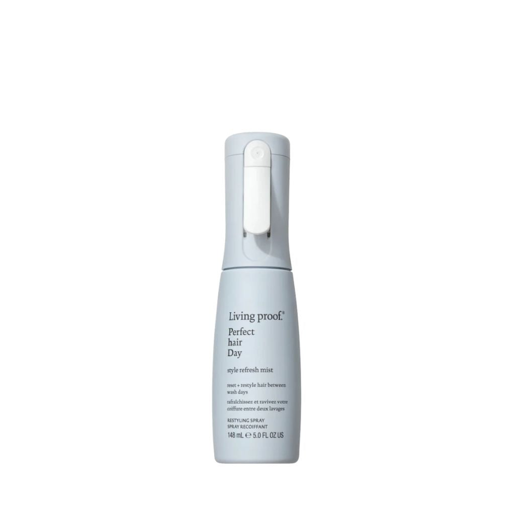Living Proof Perfect hair Day PhD Style Refresh Mist 148ml grey spray bottle on white background