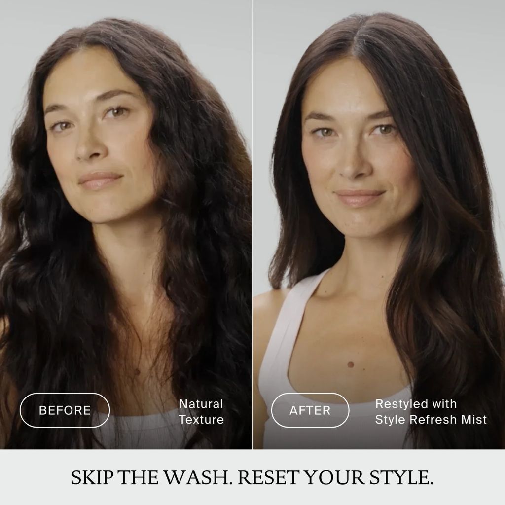 Before and after showing hair refreshed with Living Proof PhD Style Refresh Mist — from flat to revived