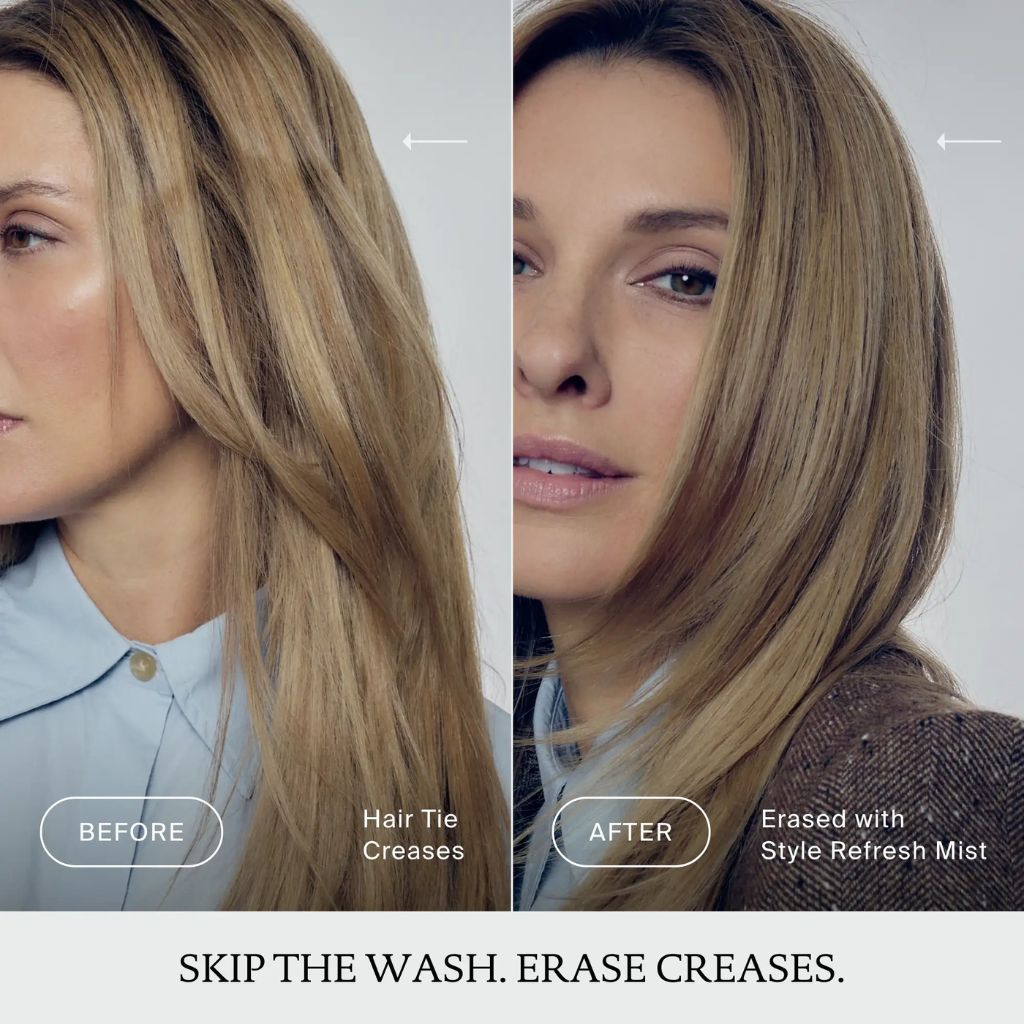 Before and after showing hair refreshed with Living Proof PhD Style Refresh Mist — erase creases