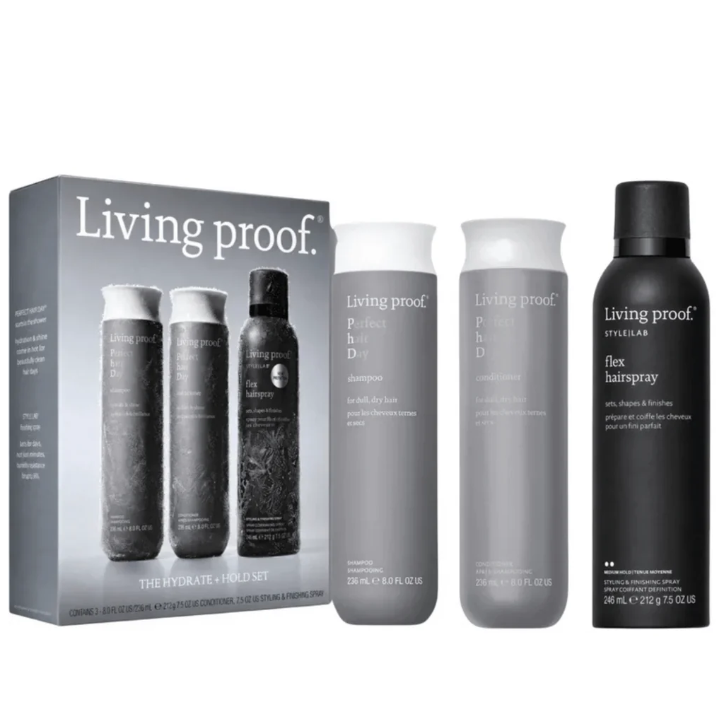 Living proof Stylers haircare set featuring a gray gift box and three bottles: Perfect Hair Day Discharge, Perfect Hair Day Dry, and Flex Hairspray, shown on a white background.