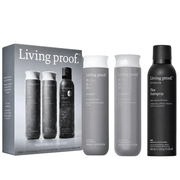 Living proof Stylers haircare set featuring a gray gift box and three bottles: Perfect Hair Day Discharge, Perfect Hair Day Dry, and Flex Hairspray, shown on a white background.