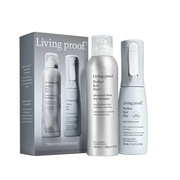 Living proof The Style Refresh Set hair care kit, including a gray outer box and three silver and white bottles: advanced clean dry shampoo, volumizing dry shampoo, and style refresh mist, on a white background.