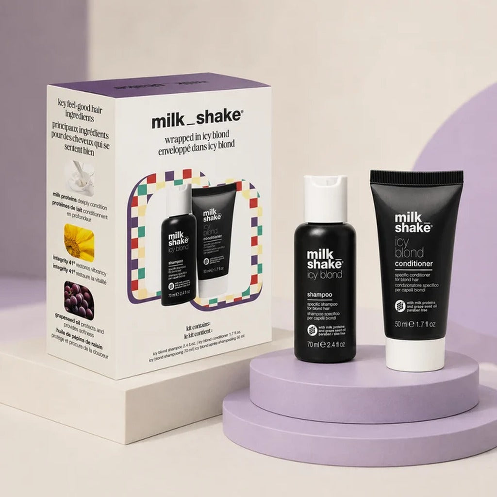 Milkshake Icy Blond Mini Holiday Set with travel-size toning shampoo and conditioner in gift box