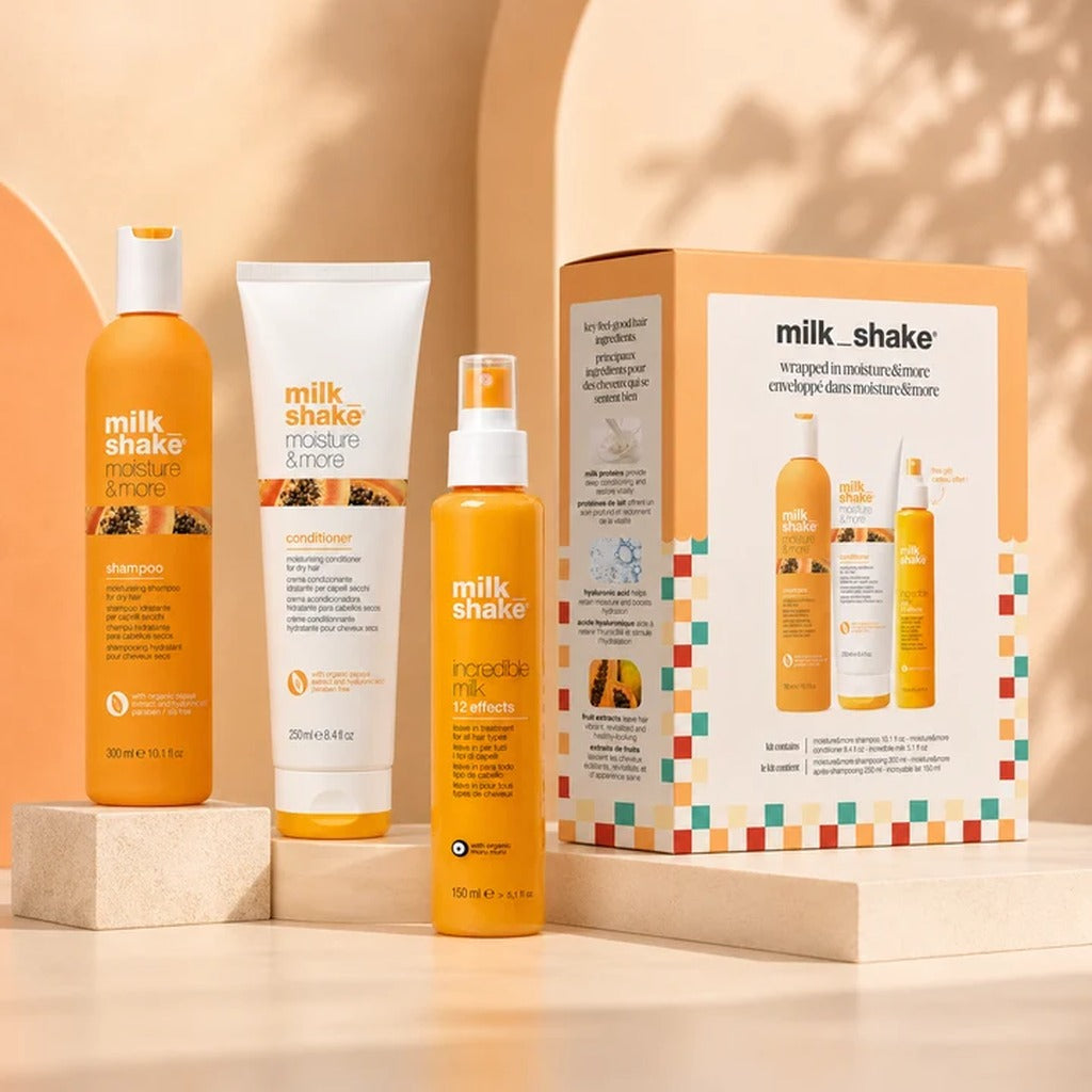 Milkshake Moisture & More Holiday Set with hydrating shampoo, conditioner and Incredible Milk in gift box