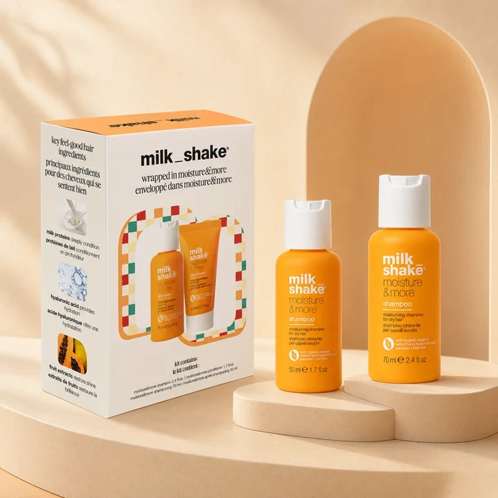 Milkshake Moisture & More Mini Holiday Set with travel-size hydrating shampoo and conditioner in gift box