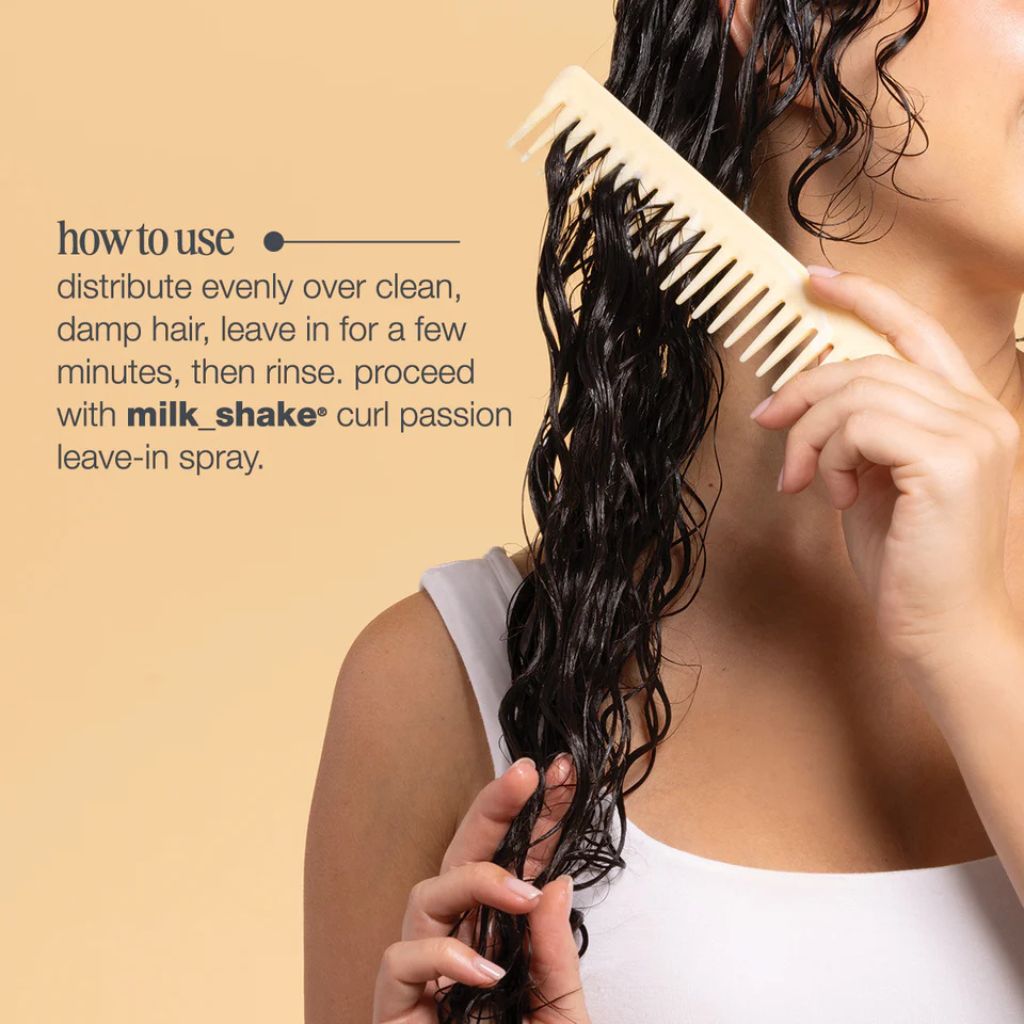 How to use milk_shake Curl Passion Conditioner — apply to damp lengths and ends, leave 2–3 minutes, rinse