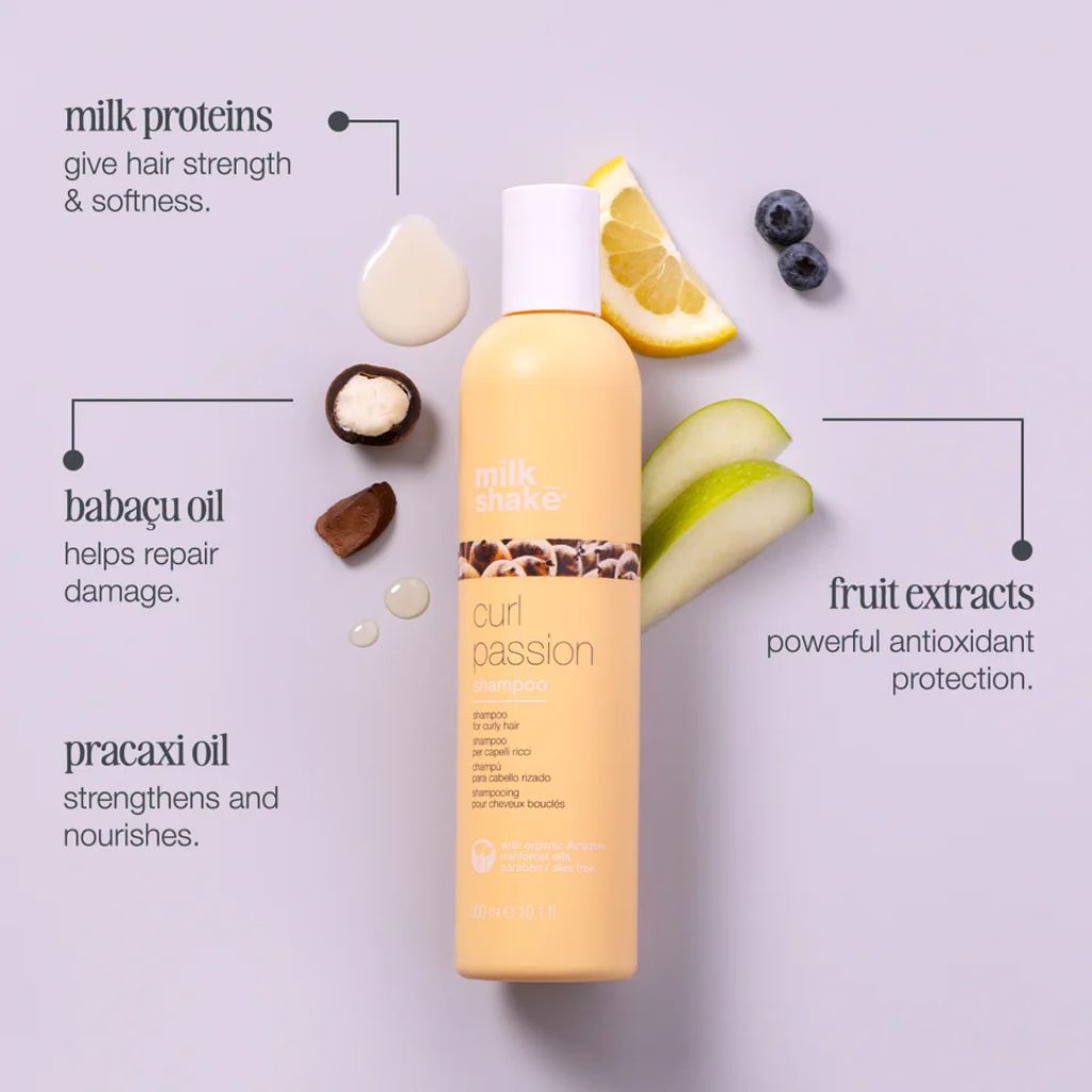 milk_shake Curl Passion Shampoo key ingredients: organic pracaxi oil, babassu oil, quinoa proteins, milk proteins
