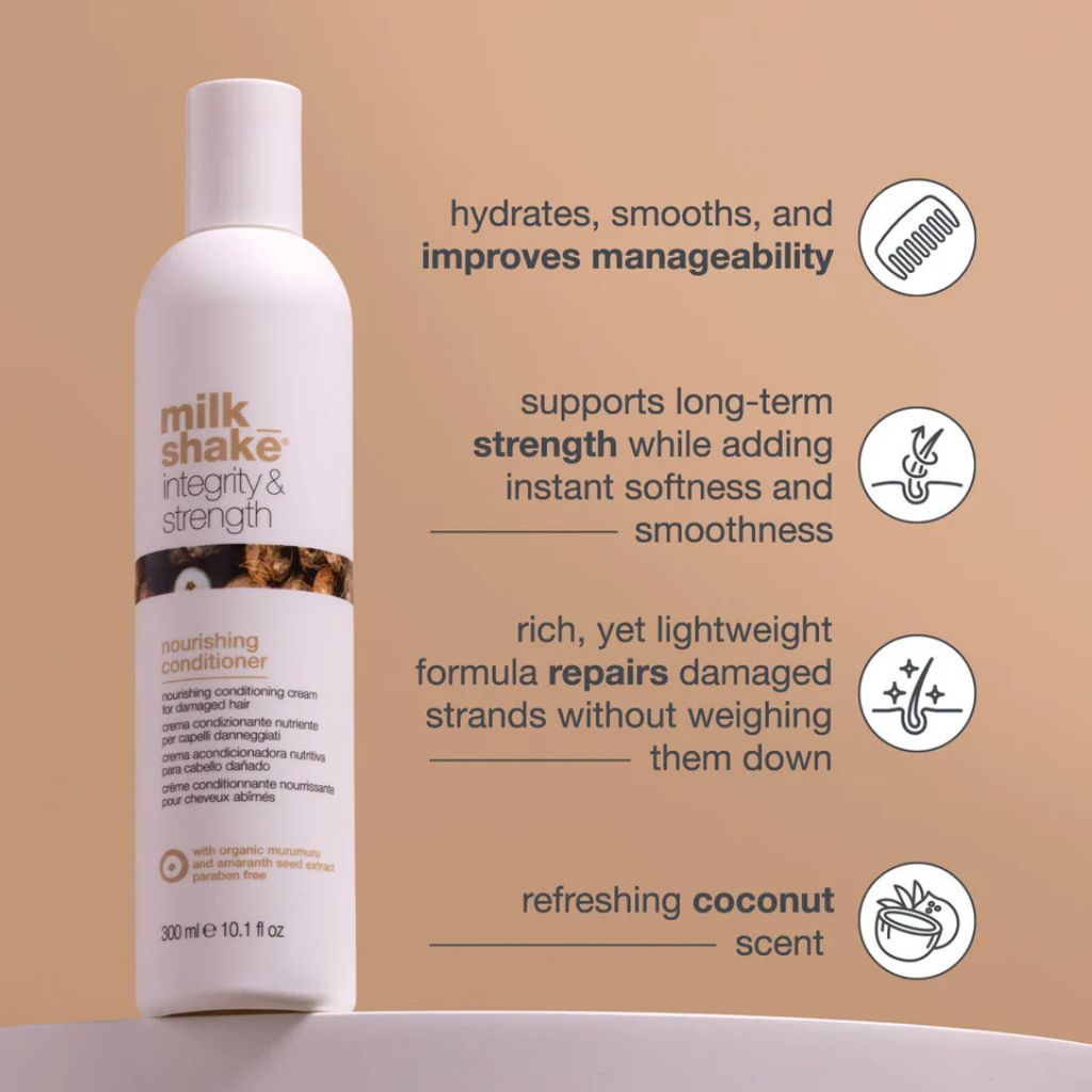 Woman with healthy, shiny, restored hair after using milk_shake Integrity & Strength Conditioner