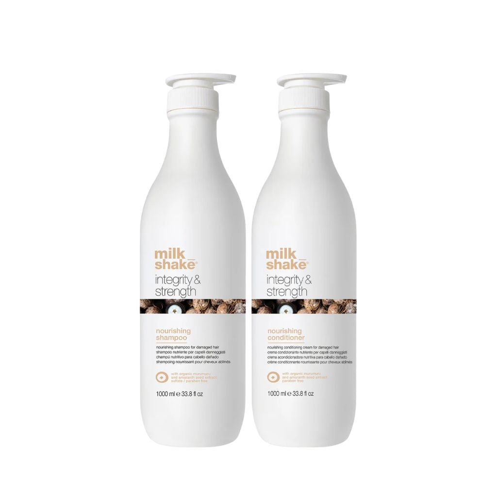 milk_shake Integrity & Strength Shampoo and Conditioner 1 litre duo bundle on white background